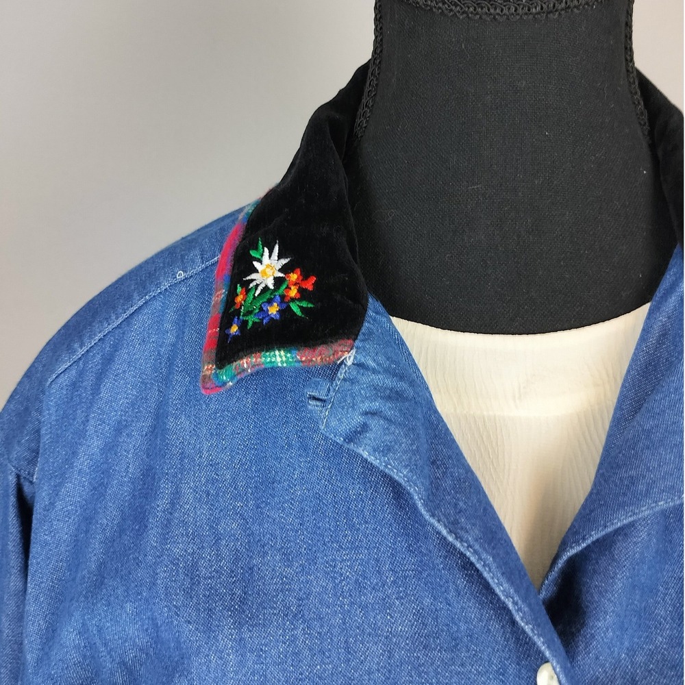 Vintage Denim Shirt Madison Avenue Cotton Velvet Trim Womens Large Blue Floral